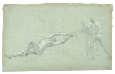 Studie för The Siege of Gibraltar (Studie av räddad figur och två figurer som drar på en åra), 1785-1786 (svartvit krita på grågrönt papper)