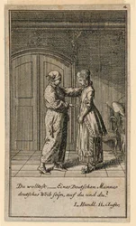 A Father or Guardian Talking to a Girl, Illustration av pjäsen "Not more than sachs Schuesseln" av Fredrich Wilhelm Grossman i "Königl: Grosbrit [rian] genealogical calendar for the 1782 year Lauenberg by J.G. Berenberg"