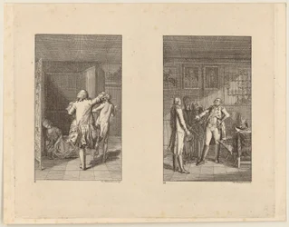 Baronen jagar ut Candide från slottet [till vänster]; Candide, Kunigunde och den gamla kvinnan inför guvernören i Buenos Aires [till höger]