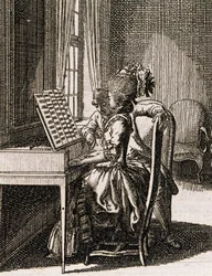 Musik, kvinna som spelar spinet, av Daniel Nikolaus Chodowiecki (1726-1801), från Occupations des dames, Tyskland, Polen