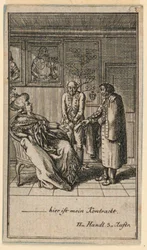 The Elderly Woman Hires a Man, Illustration av pjäsen "Not more than sachs Schuesseln" av Fredrich Wilhelm Grossman i "Königl: Grosbrit [anian] genealogical calendar for the 1782 year Lauenberg by J.G. Berenberg"