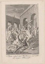 Theseus dödar Minotauros och räddar de unga atenarna, blad 3 till Beckers "Theseus"