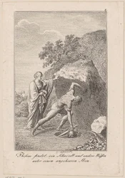 Theseus finner ett svärd och andra vapen under en sten, blad 1 till Beckers "Theseus"