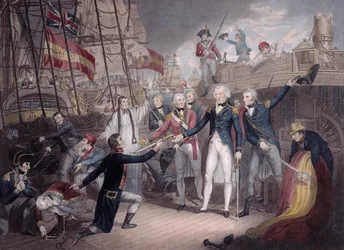 Amiral Nelson tar emot det spanska amiralsvärdet, slaget vid St. Vincent