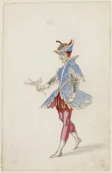 Mansfigur i blå och röd kostym från Ballet des quatre saisons de lAnnee, 1626 (brunt bläck, wc & metallic färg över en underritning av svart krita på lagt papper)