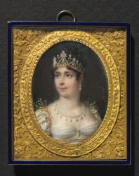Porträtt av Joséphine de Beauharnais, kejsarinna av Frankrike, ca 1806 (akvarell på elfenben i ram av förgylld metall och emalj)