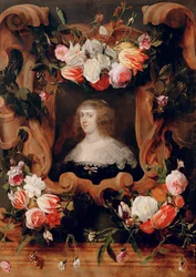 Ärkehertiginnan Maria Anna omgiven av blommor (målning på ek)