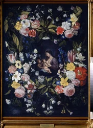 Blomkrans med Madonna och barn (Blommkrans med Madonna och barn). Målning av Daniel Seghers (1590-1661). Olja på duk, 82 x 64 cm. Flamländsk konst, barockkonst. Statens konstmuseum, Tula (eller Tolan).