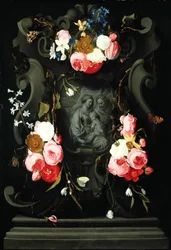 Blomsterkrans med den heliga familjen, 1625-27 (olja på koppar)