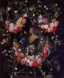 Blomkrans som omger en marmorbyst av ärkehertig Leopold Guglielmo, ca 1647