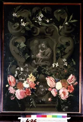 Madonna och barn, Sankta Elisabeth och Johannes Döparen som barn i en blomsterkrans. Målning av Daniel Seghers (1590-1661). Olja på koppar, 84 x 61 cm