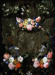 Marmornisch dekorerad med blommor och innehållande en framställning av jungfruns tillbedjan. Målning av Daniel Seghers (1590-1661) Privat samling.