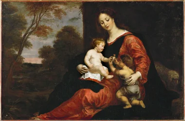 Heliga Maria med Jesusbarnet och den unge Johannes med steglits (målning på duk)