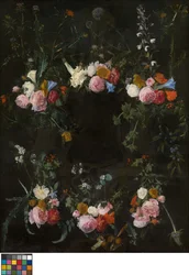 Skulpterad kartusch utsmyckad med blomkransar