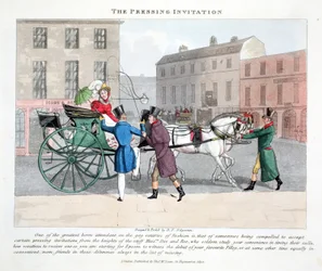 Den tryckande inbjudan, illustration från "Fashionable bores eller coolers in High Life" av Peter Quiz, pub. Thomas McLean, London 1824 (handfärgad gravyr)