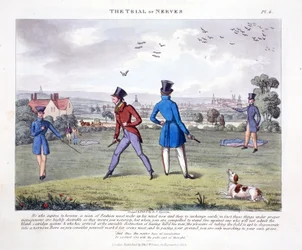 The Trial of Nerves, illustration från "Fashionable Bores or Coolers in High Life" av Peter Quiz, pub. Thomas McLean, London 1824 (handkolorerad gravyr).