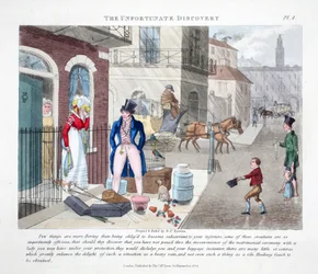Den olyckliga upptäckten, illustration från "Fashionable Bores eller Coolers in High Life" av Peter Quiz, pub. Thomas McLean, London 1824 (handfärgad gravyr)