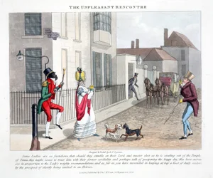 Den obehagliga Rencontre, illustration från "Fashionable Bores eller Coolers in High Life" av Peter Quiz, pub. Thomas McLean, London 1824 (handfärgad gravyr)