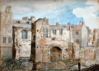 Ruinerna av en brandskadad byggnad i Bear Yard, Westminster, London, 1809.
