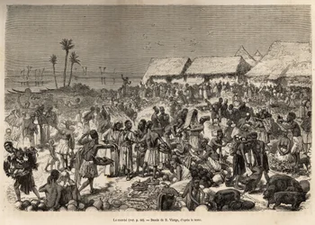 En mycket animerad marsch nära Kongofloden, som samlade mer än tre tusen människor, etsad efter en teckning av D.Vierge, som illustrerar David Livingstones sista dagbok (1813-1873), 1866-1873, publicerad i "Le tour du monde" 1875, redigerad av Edouar