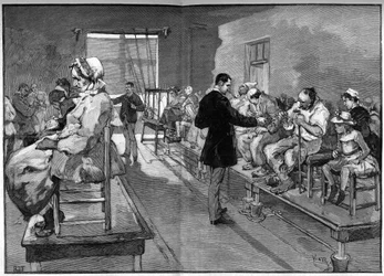 Elektroterapi vid Salpêtrière, här elektriska bad och lokal elektrifiering år 1887
