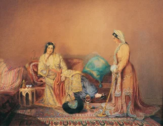 Dames Phanariotes (befolkning av rika köpmän av grekiskt ursprung, bosatta i Phanar-distriktet i Konstantinopel) (Phanariot Greek Ladies) - Målning av Daniel Valentine Riviere (1780-1854), blandad media på träpanel, mitten av 1800-talet, 38x