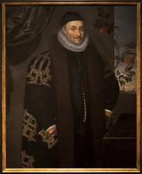 William (Willem eller William) av Orange (1533-1584). Guillaume de Nassau, Prins av Orange, känd som Guillaume den tystlåtne, grundare av Orange Nassau, beskriven framför staden Delft (Nederländerna). På 1600-talet, ett apelsinträd, symbol för famil
