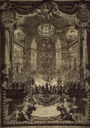 Den stora högtiden för H.R.H. prinsessan av Orange, firas i december 1686 i Salon du Bois i Haag, för att hedra prinsen av Oranges födelsedag (gravyr)