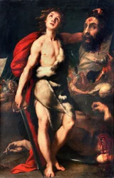 Davids vinnare av Giant Goliath håller huvudet i hand Målning av Daniele Crespi (1598-1630) 1623 Palazzo Borromeo, Isola Bella, Stresa Italien