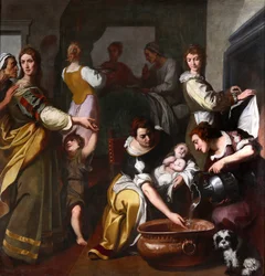 Jungfruns liv: "" Marias födelse"" Målning av Daniele Crespi (1598-1630) 1600-talets Museo della Basilica di Santa Maria Assunta, Gallarate, Italien