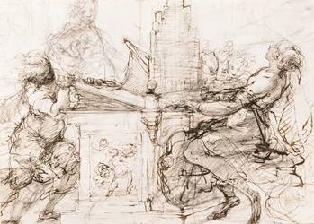 Den heliga Cecilia av Rom spelar orgel (Saint Cecilia vid orgeln) - Verk av Daniele Crespi (1598-1630), krita och akvarell på papper