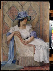 Kvinna i vitt (Lady in white). Målning av Danill Karpovich Kraynev (1872-1949), olja på duk, modern rysk konst, sent 1800-tidigt 1900-tal. Regionala konstmuseet W. Wereshchagin, Mykolaiv (Ukraina).