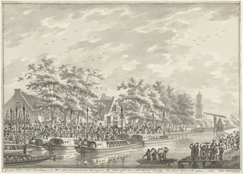 Amsterdammerarnas ankomst till Utrecht, 1787 Vy över ankomsten av Amsterdam-medborgarna vid Utregt på De Rooy Brug. Efter Den Dom att se. 1787. (titel på objekt)