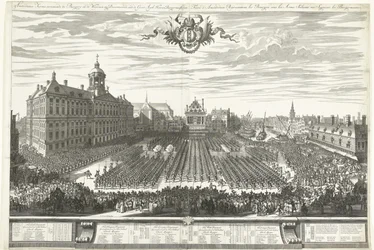 Beväpnade män på Damtorget under Amsterdammässan 1686 Amsterdam-mässan som visar Burgery in the Weapons, sig Presenterar aaen de Groot Agtb: Heeren Burgermeesteren (titel på objekt) Foire d