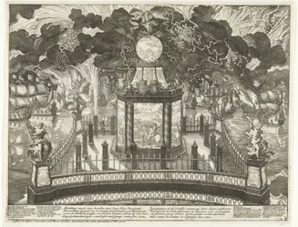 Fyrverkerier på Hofvijver för att fira segern i Vigo, 1702 Bilder av eldverken av Hennes Höga Majestäts Gentlemen States General der Vereenigde Nederlanden ordinerade med anledning av de herrliga framgångarna med derselver-vapen och följeslagare