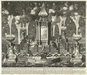 Fyrverkerier vid firandet av Utrechtfördraget, 1713 Bild av teatern med synade ornament och constigh fyrverkerier, uppförd av ordere van Haar Ed. Groot Mog: Heeren Staten van Holland och West Vriesland (...) i Haag, i vyver (