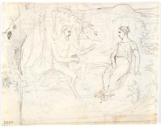 En satyr med en flöjt och en ung flicka som sitter i en skog