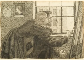 G P Boyce med Fanny Cornforth i Rossettis Studio, Chatham Place, ca 1858 (bläck på papper)