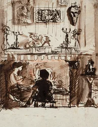 Lizzie Siddal och Woolner i ett imaginärt rum (penna, bläck och lavering)