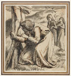 Johannes tröstar jungfrun vid korsets fot, ca 1857-58 (penna, tusch och sepiatvätt på papper)