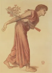 Studie för kärleksfiguren i Dantes dröm vid Beatrices död, 1874 (svart och röd krita på grönt papper)