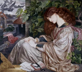 Tolomeis pia. Illustration av en passage från Dantes skärselden. Målning av Dante Gabriel Rossetti