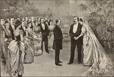 Amerikanska presidenten Grover Cleveland och Frances Folsoms bröllop, 2 juni, Washington, USA, teckning av Dante Paolocci, gravyr från L