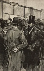 Bankdiskar under Roman Bank (Banca Romana) skandal, Rom, Italien, gravyr efter teckning av Dante Paolocci, från L