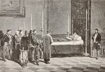 Kardinal Giacomo Antonellis kropp liggande i tillstånd i ett av rummen i Vatikanen, graverad från en teckning av Dante Paolocci från L