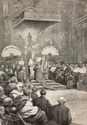 Konsistoriet den 13 november, påven Leo XIII där han skapade nya kardinaler, Vatikanen, gravyr från teckning av Dante Paolocci, från L