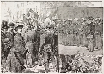 Begravning av amiral Luigi Buglione di Monale (1821-1884), Rom, Italien, gravyr från teckning av Dante Paolocci, från L