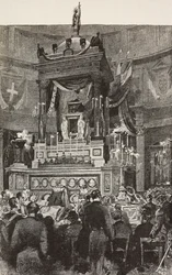 Italienska politiker och officerare som deltar i begravningsceremonin för Victor Emmanuel II (1820-1878), kung av Italien, Rom, Italien, gravyr från teckning av Dante Paolocci, från L