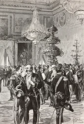 Italienska politiker och officerare firar nyårsafton på Quirinal Palace, Rom, Italien, gravyr av Centenari från teckning av Dante Paolocci, från L