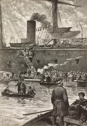 Italienska soldater ombord på slagskeppet Principe Amedeo, italiensk expedition i Röda havet, Neapel, Italien, gravyr efter ritning av Dante Paolocci, från L